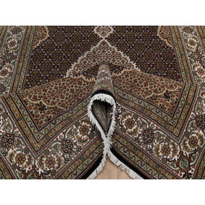 6'x9'1" Pitch Black, Tabriz Mahi with Fish Medallion Design, 175 KPSI, Hand Knotted, 100% Wool, Oriental Rug FWR549582