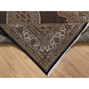 6'x9'1" Pitch Black, Tabriz Mahi with Fish Medallion Design, 175 KPSI, Hand Knotted, 100% Wool, Oriental Rug FWR549582
