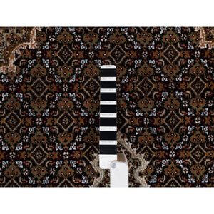 6'x9'1" Pitch Black, Tabriz Mahi with Fish Medallion Design, 175 KPSI, Hand Knotted, 100% Wool, Oriental Rug FWR549582