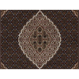 6'x9'1" Pitch Black, Tabriz Mahi with Fish Medallion Design, 175 KPSI, Hand Knotted, 100% Wool, Oriental Rug FWR549582