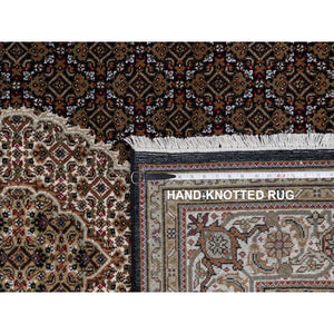 6'x9'1" Pitch Black, Tabriz Mahi With Fish Medallion Design, 175 Kpsi, Hand Knotted, 100% Wool, Oriental Rug FWR549582