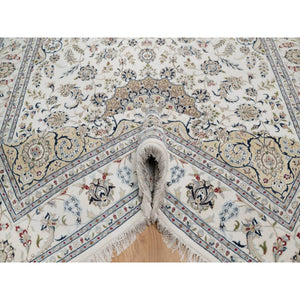 8'x10'3" Winter White, Nain with Flower Medallion Design, Hand Knotted, Wool and Silk, 250 KPSI, Soft Pile, Oriental Rug FWR549588