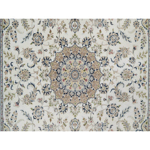 8'x10'3" Winter White, Nain with Flower Medallion Design, Hand Knotted, Wool and Silk, 250 KPSI, Soft Pile, Oriental Rug FWR549588