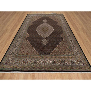 8'10"x12'5" Jet Black, 175 KPSI, Tabriz Mahi with Fish Medallion Design, 100% Wool, Hand Knotted, Oriental Rug FWR549600