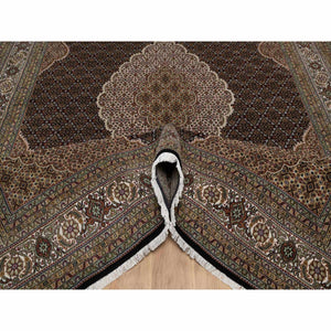 8'10"x12'5" Jet Black, 175 KPSI, Tabriz Mahi with Fish Medallion Design, 100% Wool, Hand Knotted, Oriental Rug FWR549600