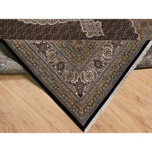 Load image into Gallery viewer, 8&#39;10&quot;x12&#39;5&quot; Jet Black, 175 KPSI, Tabriz Mahi with Fish Medallion Design, 100% Wool, Hand Knotted, Oriental Rug FWR549600
