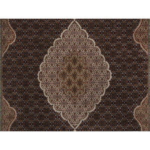 8'10"x12'5" Jet Black, 175 KPSI, Tabriz Mahi with Fish Medallion Design, 100% Wool, Hand Knotted, Oriental Rug FWR549600