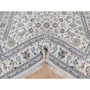 7'10"x10'3" Winter White, Nain with All Over Flower Pattern, 250 KPSI, Wool and Silk, Hand Knotted, Soft Pile, Oriental Rug FWR549606