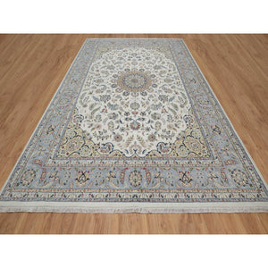 9'9"x14'1" Pearl White, Wool and Silk, Nain with Flower Medallion Design, 250 KPSI, Soft Pile, Hand Knotted, Oriental Rug FWR549618