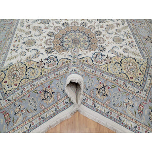 9'9"x14'1" Pearl White, Wool and Silk, Nain with Flower Medallion Design, 250 KPSI, Soft Pile, Hand Knotted, Oriental Rug FWR549618