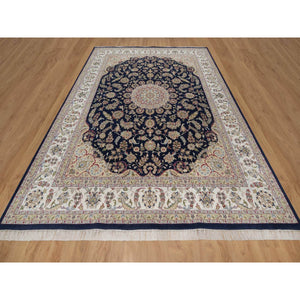 9'x12'2" Midnight Blue, Nain with Flower Medallion Design, 250 KPSI, Soft Pile, Wool and Silk, Hand Knotted, Oriental Rug FWR549648