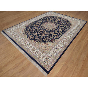 9'x12'2" Midnight Blue, Nain with Flower Medallion Design, 250 KPSI, Soft Pile, Wool and Silk, Hand Knotted, Oriental Rug FWR549648