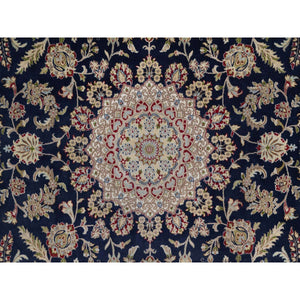 9'x12'2" Midnight Blue, Nain with Flower Medallion Design, 250 KPSI, Soft Pile, Wool and Silk, Hand Knotted, Oriental Rug FWR549648