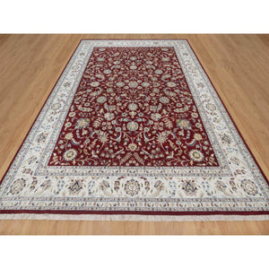 9'9"x14' Ruby Red, Nain with All Over Flower Pattern, 250 KPSI, Hand Knotted, Wool and Silk, Soft Pile, Oriental Rug FWR549654