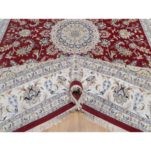 10'x14'1" Dahlia Red, Nain with Flower Medallion Design, Hand Knotted, 250 KPSI, Wool and Silk, Soft Pile, Oriental Rug FWR549660