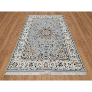 6'x9'2" Pigeon Blue, Nain with Flower Medallion Design, 250 KPSI, Wool and Silk, Hand Knotted, Soft Pile, Oriental Rug FWR549666