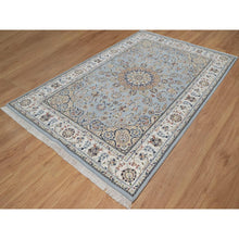 Load image into Gallery viewer, 6&#39;x9&#39;2&quot; Pigeon Blue, Nain with Flower Medallion Design, 250 KPSI, Wool and Silk, Hand Knotted, Soft Pile, Oriental Rug FWR549666