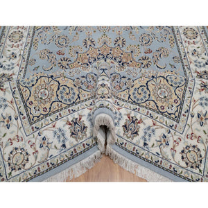 6'x9'2" Pigeon Blue, Nain with Flower Medallion Design, 250 KPSI, Wool and Silk, Hand Knotted, Soft Pile, Oriental Rug FWR549666