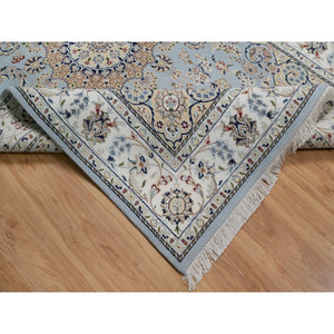 6'x9'2" Pigeon Blue, Nain with Flower Medallion Design, 250 KPSI, Wool and Silk, Hand Knotted, Soft Pile, Oriental Rug FWR549666