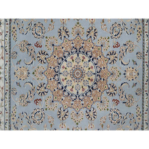 6'x9'2" Pigeon Blue, Nain with Flower Medallion Design, 250 KPSI, Wool and Silk, Hand Knotted, Soft Pile, Oriental Rug FWR549666