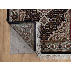 2'9"x8' Jade Black, Tabriz Mahi with Fish Medallion Design, 175 KPSI, Hand Knotted, 100% Wool, Runner, Oriental Rug FWR549672