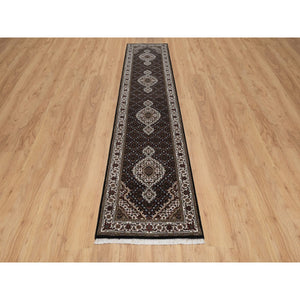 2'6"x12'2" Phantom Black, Tabriz Mahi With Fish Medallion Design, 175 Kpsi, 100% Wool, Hand Knotted, Runner, Oriental Rug FWR549678