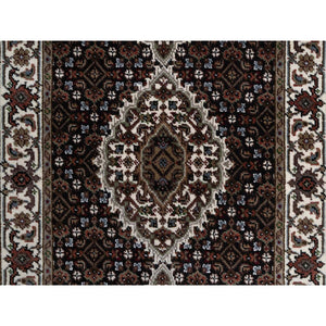 2'6"x12'2" Phantom Black, Tabriz Mahi With Fish Medallion Design, 175 Kpsi, 100% Wool, Hand Knotted, Runner, Oriental Rug FWR549678