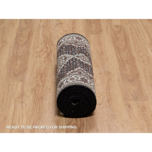 2'6"x12'2" Phantom Black, Tabriz Mahi With Fish Medallion Design, 175 Kpsi, 100% Wool, Hand Knotted, Runner, Oriental Rug FWR549678
