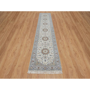 2'10"x14'6" Alabaster White, Nain with Flower Medallion Design, 250 KPSI, Wool and Silk, Soft Pile, Hand Knotted, XL Runner, Oriental Rug FWR549684
