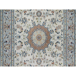 2'10"x14'6" Alabaster White, Nain with Flower Medallion Design, 250 KPSI, Wool and Silk, Soft Pile, Hand Knotted, XL Runner, Oriental Rug FWR549684