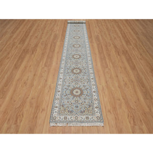 2'7"x18'5" Slate Blue, Nain with Flower Medallion Design, Wool and Silk, Hand Knotted, 250 KPSI, Soft Pile, XL Runner, Oriental Rug FWR549690