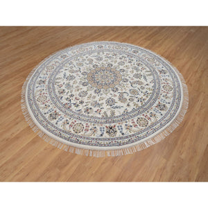 8'x8' Pearl White, Nain with Flower Medallion Design, 250 KPSI, Soft Pile, Hand Knotted, Wool and Silk, Round, Oriental Rug FWR549702