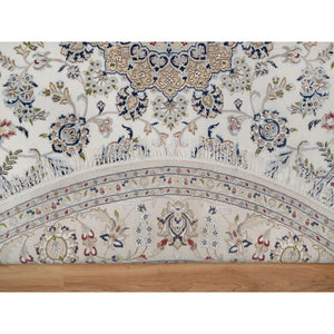 8'x8' Pearl White, Nain with Flower Medallion Design, 250 KPSI, Soft Pile, Hand Knotted, Wool and Silk, Round, Oriental Rug FWR549702