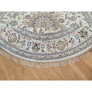 8'x8' Pearl White, Nain with Flower Medallion Design, 250 KPSI, Soft Pile, Hand Knotted, Wool and Silk, Round, Oriental Rug FWR549702