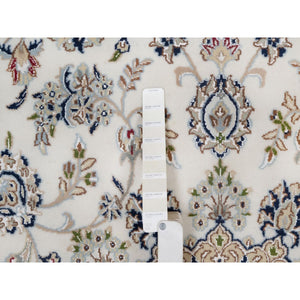 8'x8' Pearl White, Nain with Flower Medallion Design, 250 KPSI, Soft Pile, Hand Knotted, Wool and Silk, Round, Oriental Rug FWR549702