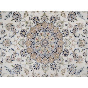 8'x8' Pearl White, Nain with Flower Medallion Design, 250 KPSI, Soft Pile, Hand Knotted, Wool and Silk, Round, Oriental Rug FWR549702