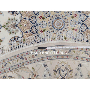 8'x8' Pearl White, Nain with Flower Medallion Design, 250 KPSI, Soft Pile, Hand Knotted, Wool and Silk, Round, Oriental Rug FWR549702