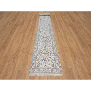 2'9"x21'8" Pristine White, Nain with All Over Flower Pattern, Wool and Silk, Hand Knotted, Soft Pile, 250 KPSI, XL Runner, Oriental Rug FWR549714
