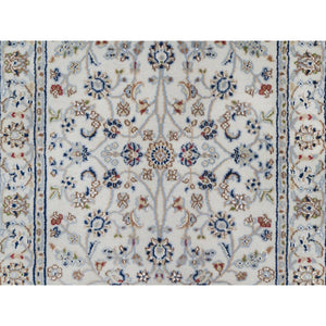 2'9"x21'8" Pristine White, Nain with All Over Flower Pattern, Wool and Silk, Hand Knotted, Soft Pile, 250 KPSI, XL Runner, Oriental Rug FWR549714