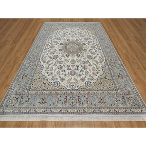 8'9"x12' Pristine White, Nain with Flower Medallion Design, 250 KPSI, Wool and Silk, Soft Pile, Hand Knotted, Oriental Rug FWR549720