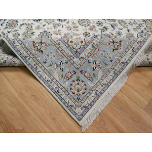 8'9"x12' Pristine White, Nain with Flower Medallion Design, 250 KPSI, Wool and Silk, Soft Pile, Hand Knotted, Oriental Rug FWR549720
