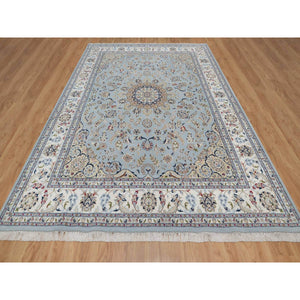 8'9"x12' Light Blue, Nain with Flower Medallion Design, 250 KPSI, Wool and Silk, Hand Knotted, Soft Pile, Oriental Rug FWR549726