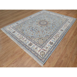 8'9"x12' Light Blue, Nain with Flower Medallion Design, 250 KPSI, Wool and Silk, Hand Knotted, Soft Pile, Oriental Rug FWR549726