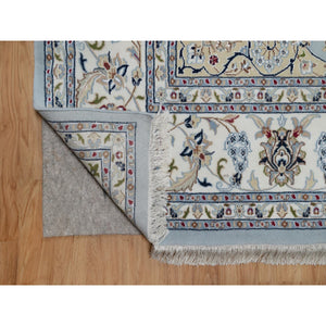8'9"x12' Light Blue, Nain with Flower Medallion Design, 250 KPSI, Wool and Silk, Hand Knotted, Soft Pile, Oriental Rug FWR549726