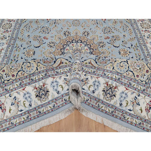 8'9"x12' Light Blue, Nain with Flower Medallion Design, 250 KPSI, Wool and Silk, Hand Knotted, Soft Pile, Oriental Rug FWR549726