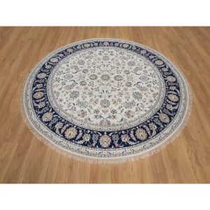 7'9"x7'9" Pristine White, Wool and Silk, Nain with All Over Flower Design, Soft Pile, 250 KPSI, Hand Knotted, Round, Oriental Rug FWR549732