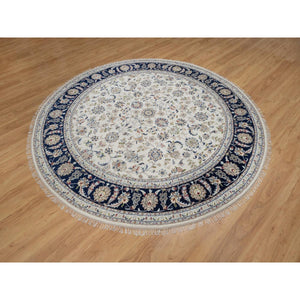 7'9"x7'9" Pristine White, Wool and Silk, Nain with All Over Flower Design, Soft Pile, 250 KPSI, Hand Knotted, Round, Oriental Rug FWR549732