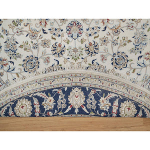 7'9"x7'9" Pristine White, Wool and Silk, Nain with All Over Flower Design, Soft Pile, 250 KPSI, Hand Knotted, Round, Oriental Rug FWR549732