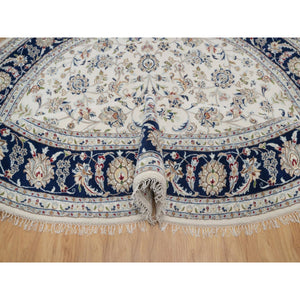 7'9"x7'9" Pristine White, Wool and Silk, Nain with All Over Flower Design, Soft Pile, 250 KPSI, Hand Knotted, Round, Oriental Rug FWR549732