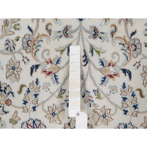 7'9"x7'9" Pristine White, Wool and Silk, Nain with All Over Flower Design, Soft Pile, 250 KPSI, Hand Knotted, Round, Oriental Rug FWR549732